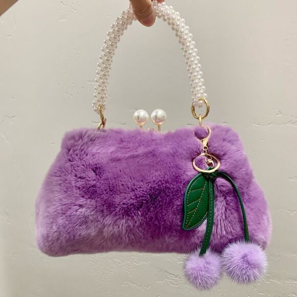 Handmade Real Rex Rabbit Fur Kisslock Wristlet/Crossbody & Mink Fur Bag Charm - Picture 1 of 16